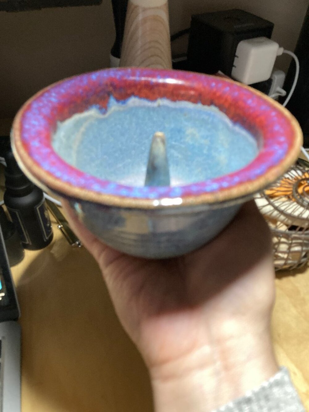 Handmade Pottery Apple Baker Blue with Violet Swirls, Stamped on Bottom SMP